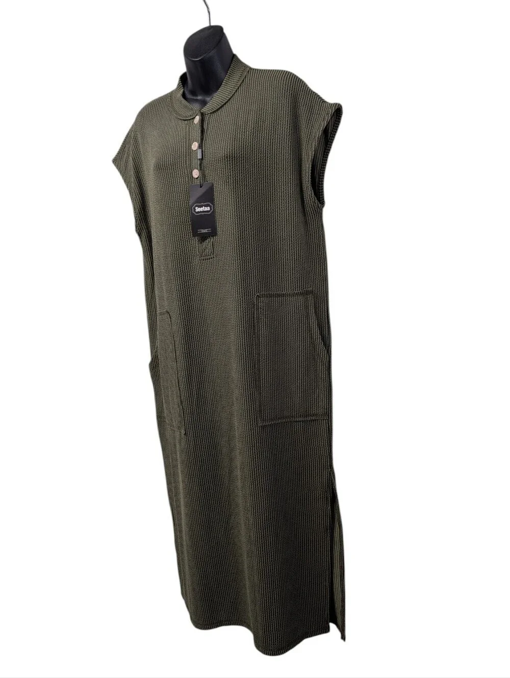 Seetaa Olive Green Ribbed Knit Midi Dress Large Pockets Side Slits Collared NWT - Picture 3 of 9